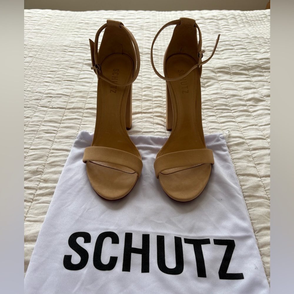 SCHUTZ Tan Block Heels with Ankle Strap